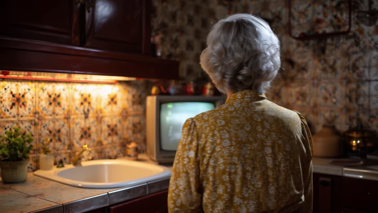 Una calda luce della cucina brilla dolcemente. Un'anziana donna guarda la TV, di spalle alla telecamera. Piastrelle a fantasia e mobili in legno incorniciano la scena. Indossa un vestito floreale giallo, seduta tranquillamente.