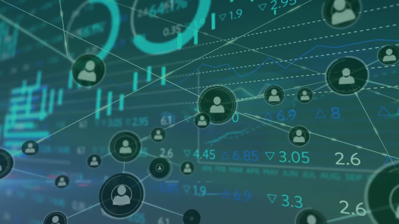 Animation of network of connections with icons and financial data processing