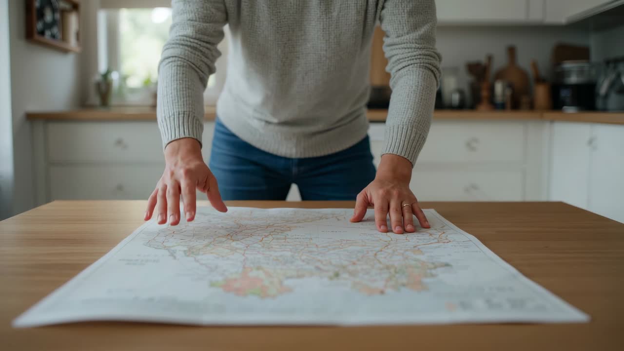 En voksen som glatter ut et utfoldet kart og jevner det ut for planlegging på kjøkkenbordet, strikket genser, ring