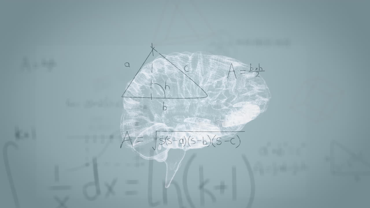 Animation of rotating brain and math formulas on grey background