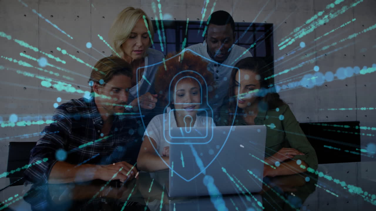 Animation of padlock and network of connections over diverse business people in office