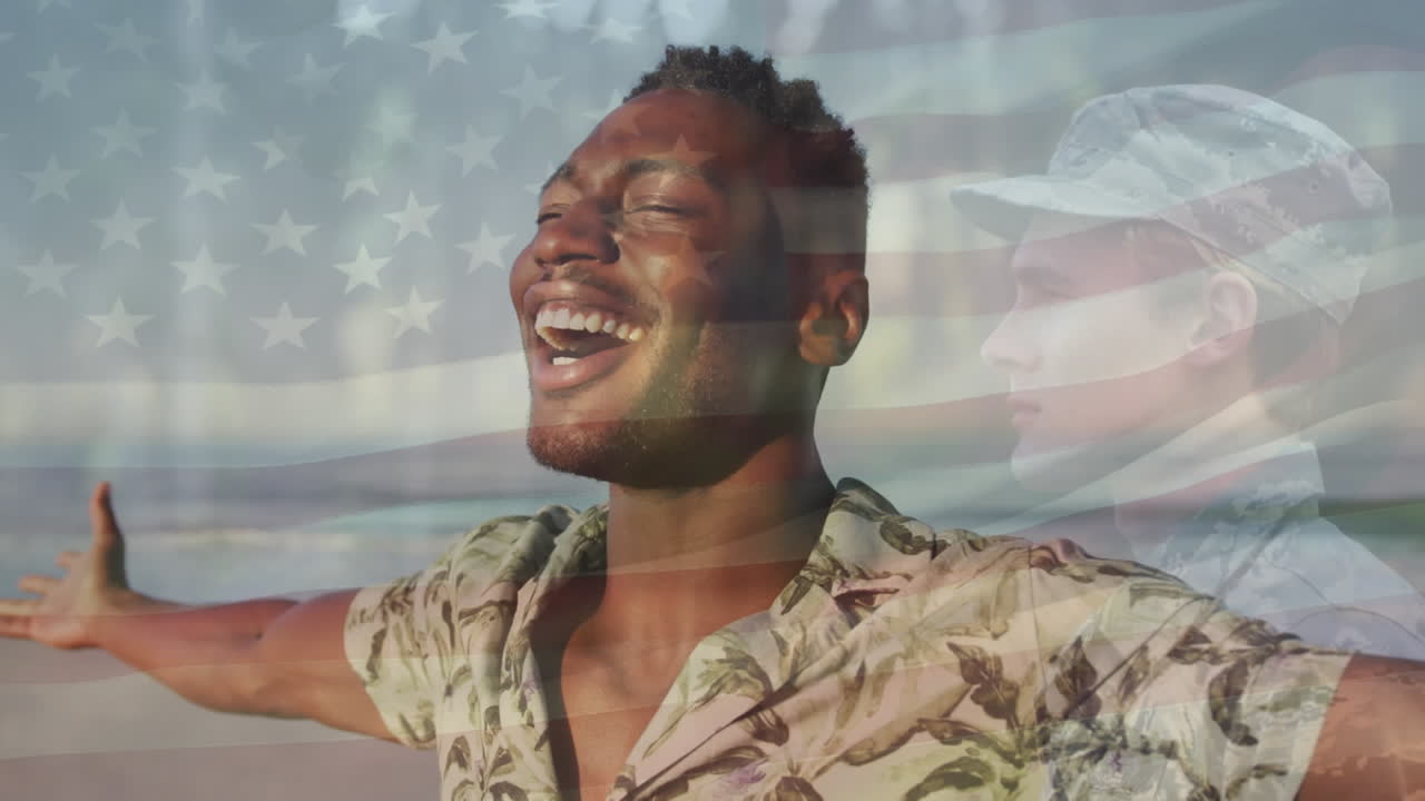 Animation of flag of united states of america over soldier and african american man on beach
