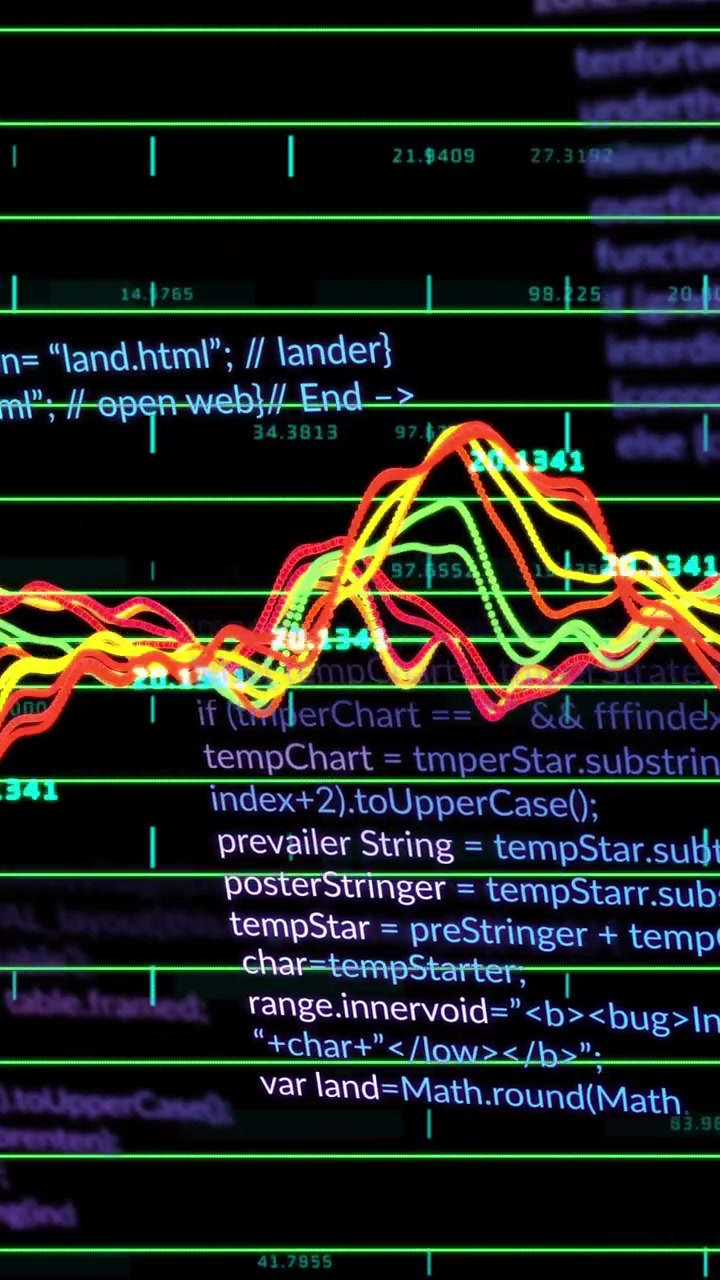 Vertical video: On data update waves shifting and splitting over scrolling code, showing live data