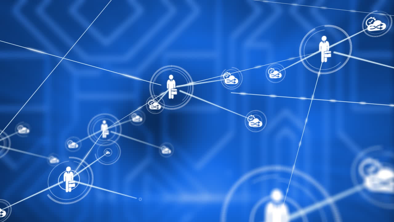 파란색 배경의 모양 위에 아이콘을 가진 연결 네트워크의 애니메이션