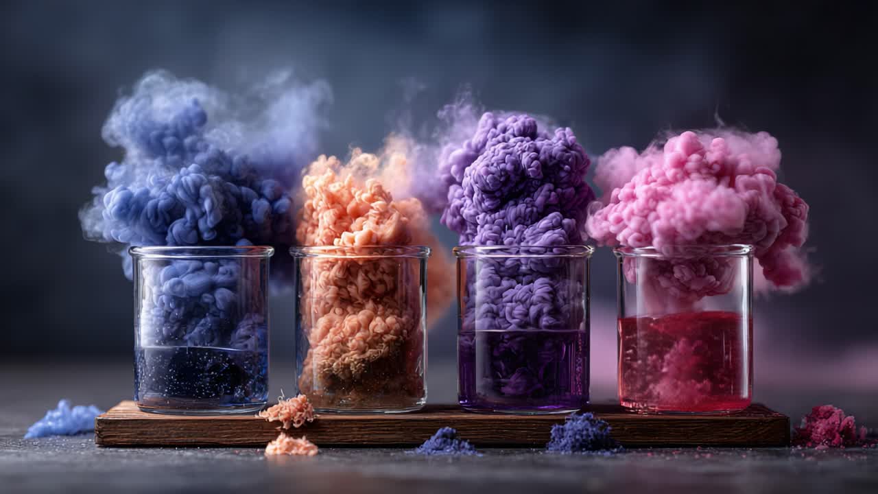 A Captivating Display of Colorful Vapor Emissions from Four Beakers, Showcasing the Artistic Interaction of Liquids and Gases in a Scientific Experiment