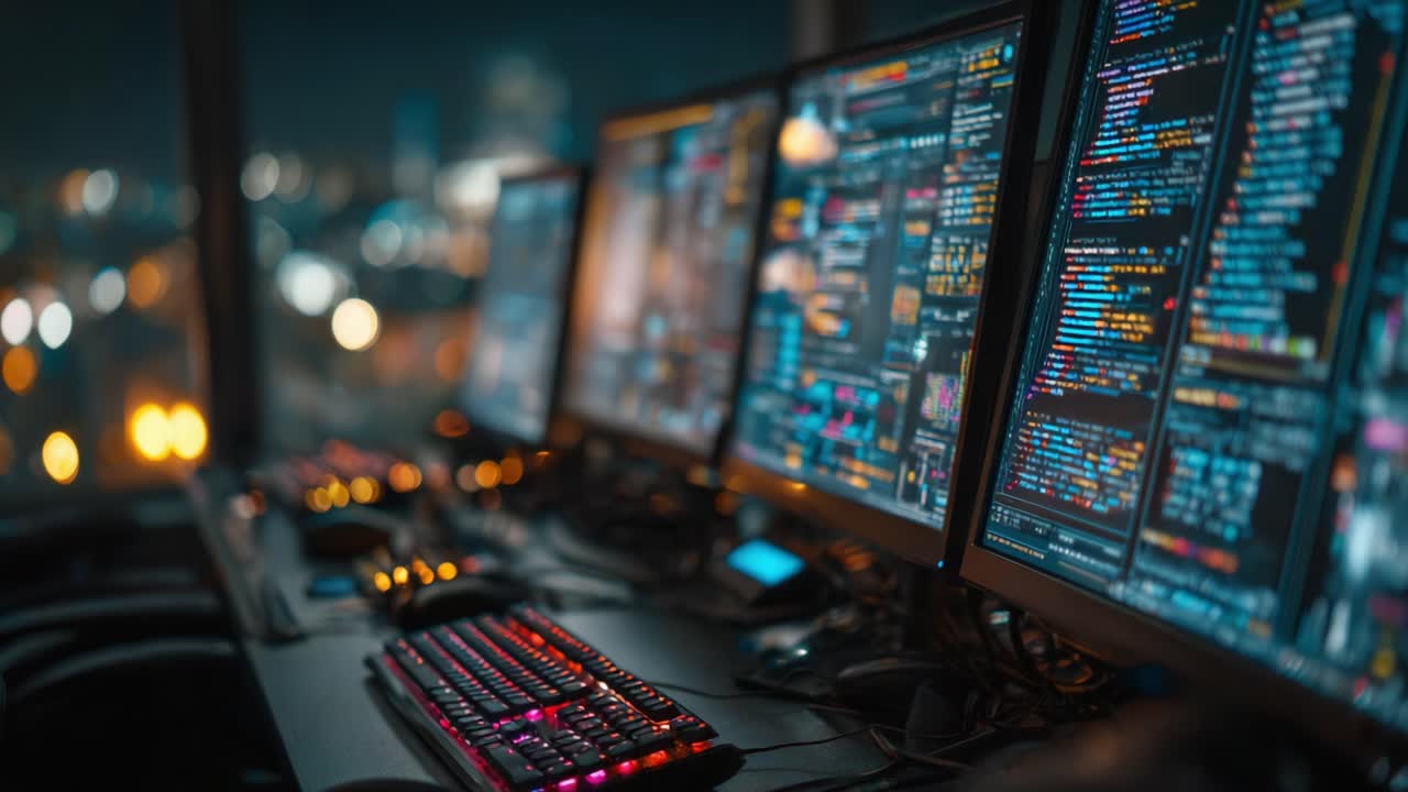 A High-Tech Workspace at Night Featuring Multiple Monitors With Coding Interfaces and an Illuminated Keyboard Capturing the Essence of Modern Programming and Development