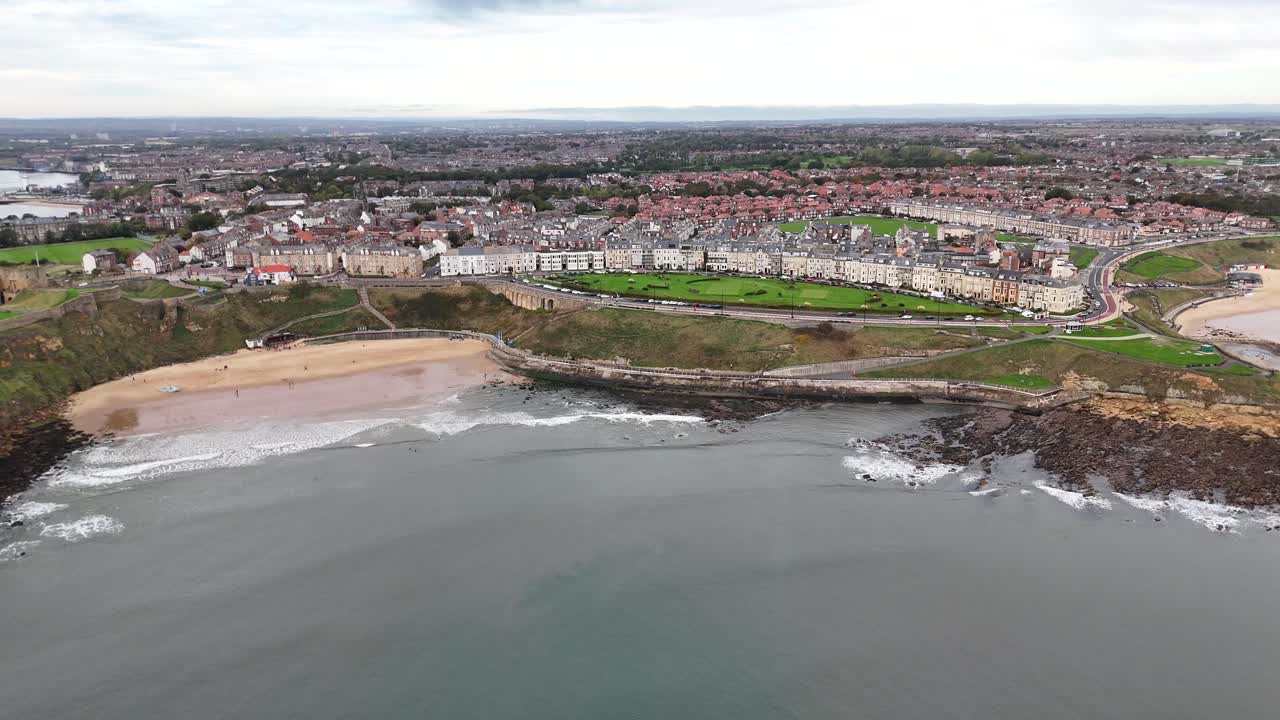 Aerial drone view tynemouth beach seaside north east england uk town british beach city tyne and wear Priory and Castle North Tyneside