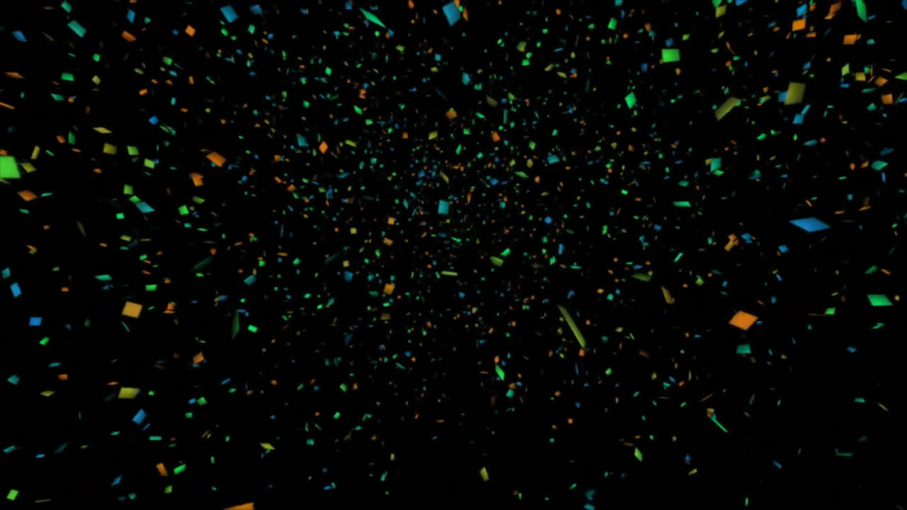 Floating colorful particles in dark space, abstract animation in motion