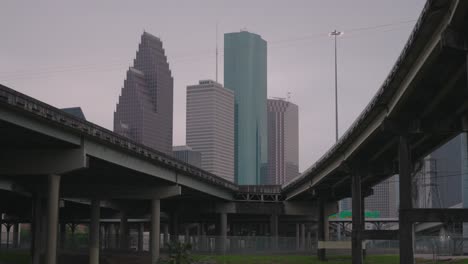 low angle establishing shot of downtown houston