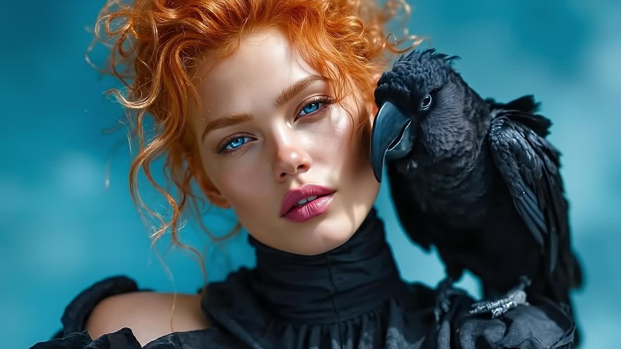 A woman with red hair holding a black bird on her shoulder