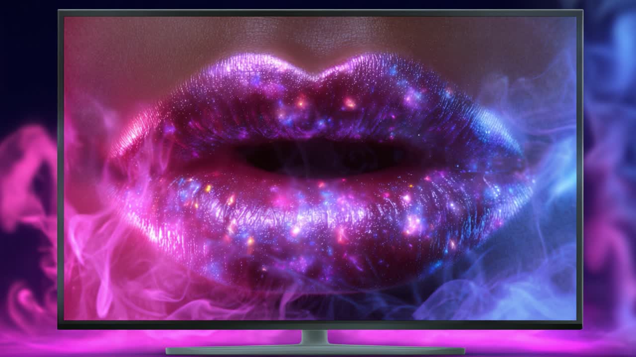 Labbra cosmiche vibranti circondate da fumo etereo: una visualizzazione straordinaria di galassie colorate ed effetti di luce scintillanti su uno schermo moderno.