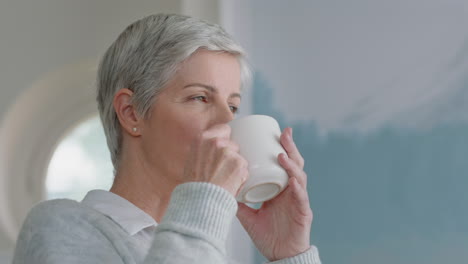 happy mature woman drinking coffee at home looking out window enjoying retirement lifestyle looking pensive planning ahead 4k