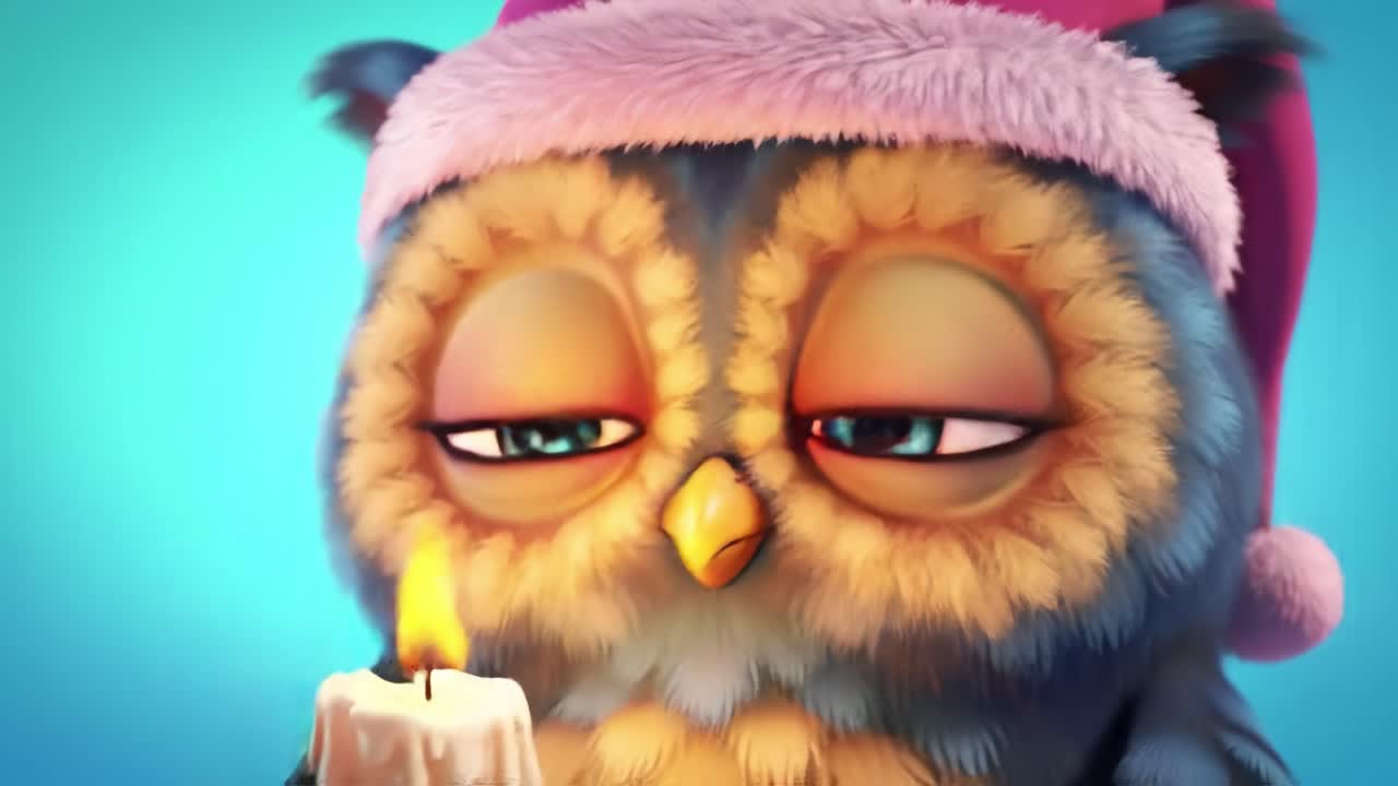 Charming Festive Owl with Candle: A Cute Animated Character in a Santa Hat and Subtle Expressions During the Holiday Season, Perfectly Capturing the Spirit of Celebration