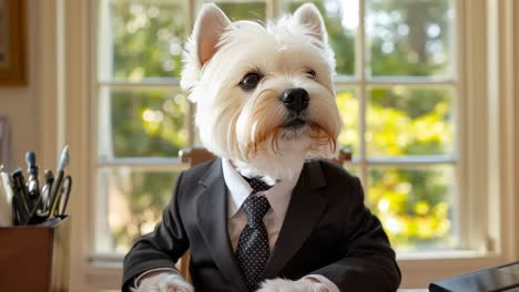 a dog in a suit sitting at a desk with a laptop