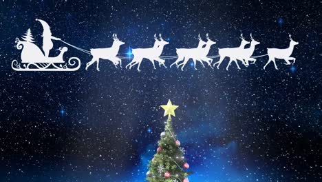 Animation-of-snow-falling,-christmas-tree,-sledge-and-raindeer-over-black-background