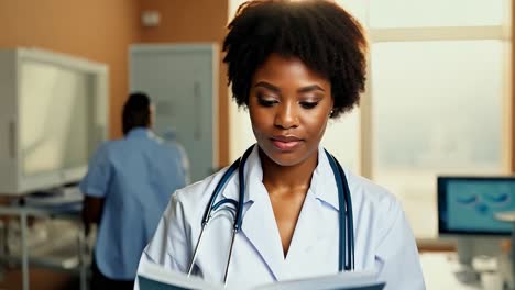 female doctor reviewing medical records in a hospital