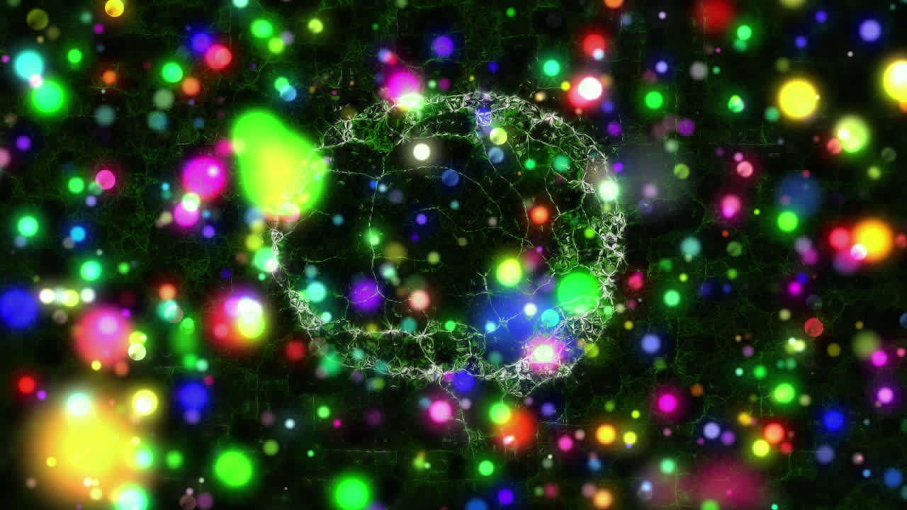 검은 바탕에 다채로운 움직이는 불빛 위에 나타나는 뇌의 애니메이션