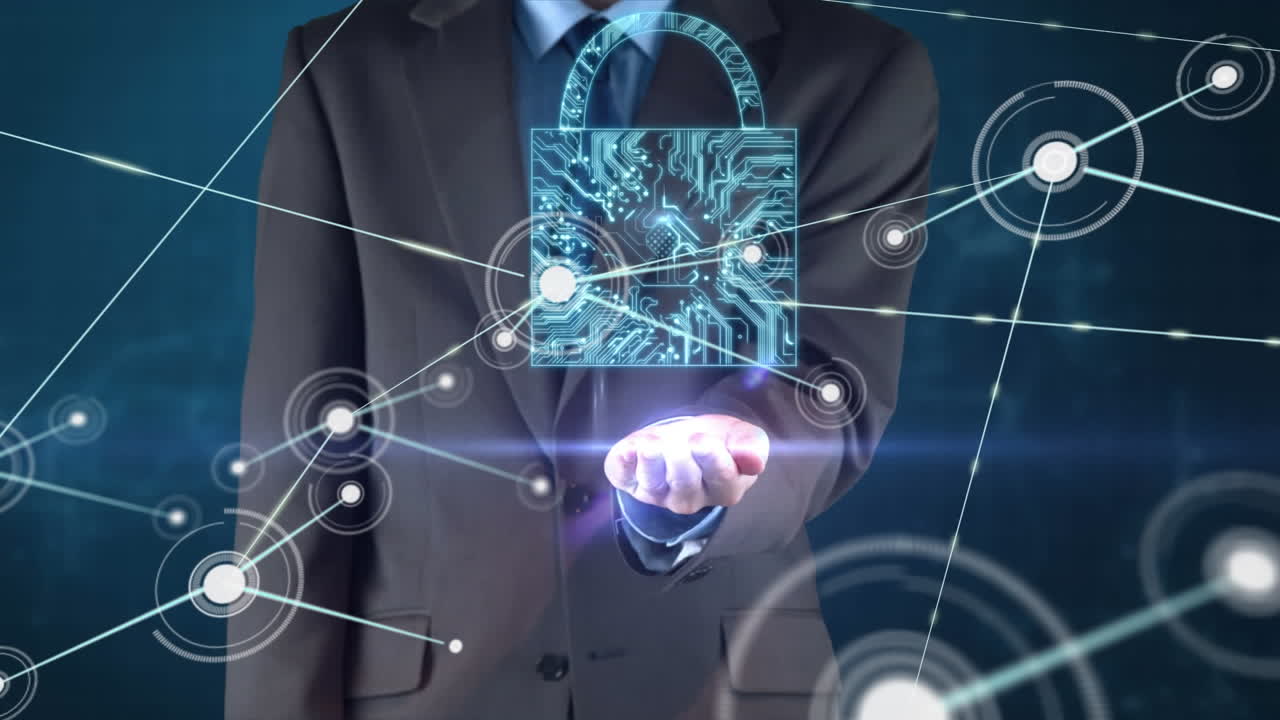 animación de la red de conexiones con iconos, candado digital y hombre de negocios