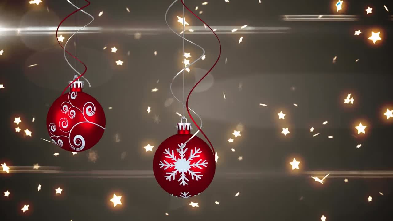 animación de estrellas y bolas de navidad sobre fondo marrón