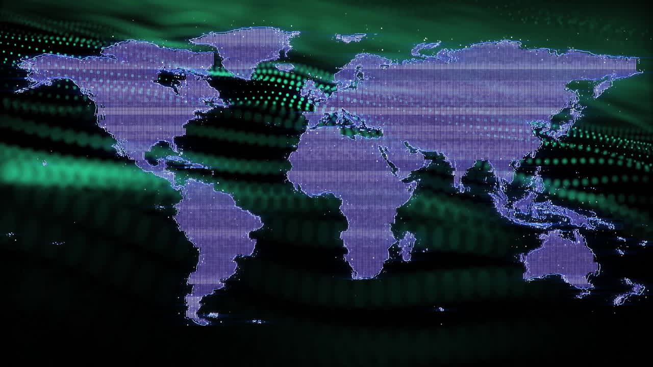 mapa del mundo con puntos de datos y animación de cuadrícula digital sobre fondo verde
