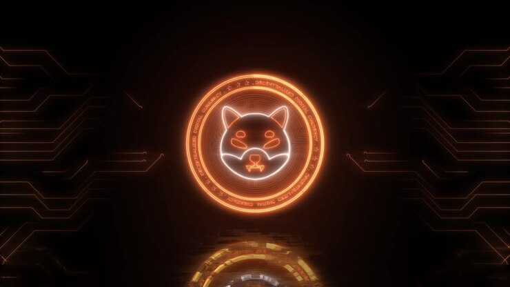 ネオンで輝くシバ・イヌのシンボル 暗号通貨