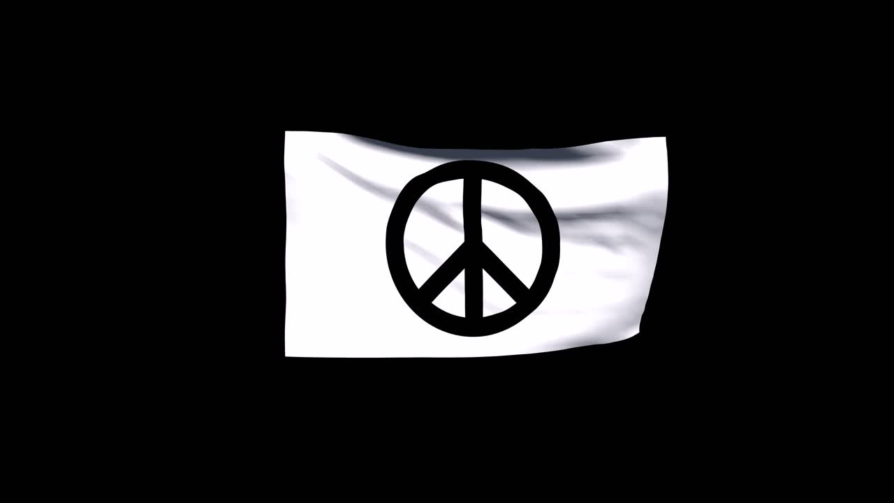 una bandera con un símbolo de paz en ella, ondeando sobre fondo negro, con canal alfa incluido al final del video, animación 3d, bandera animada