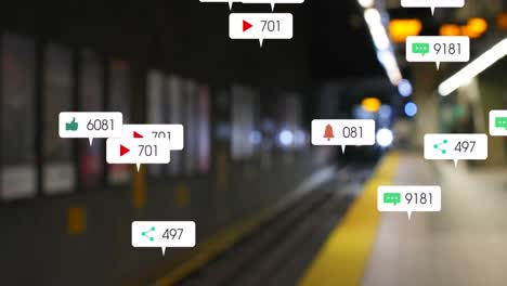 animation of social media icons and numbers over train in station