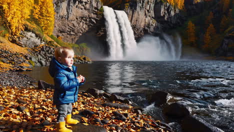 toddler enjoys the scenic beauty of an autumn waterfall