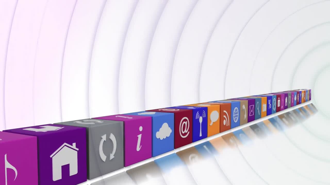 fila de iconos digitales que se mueven contra círculos concéntricos sobre fondo blanco