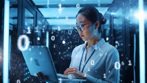 a focused professional analyzes data on a laptop in a modern server room, surrounded by cascading binary code representing technology and digital transformation.