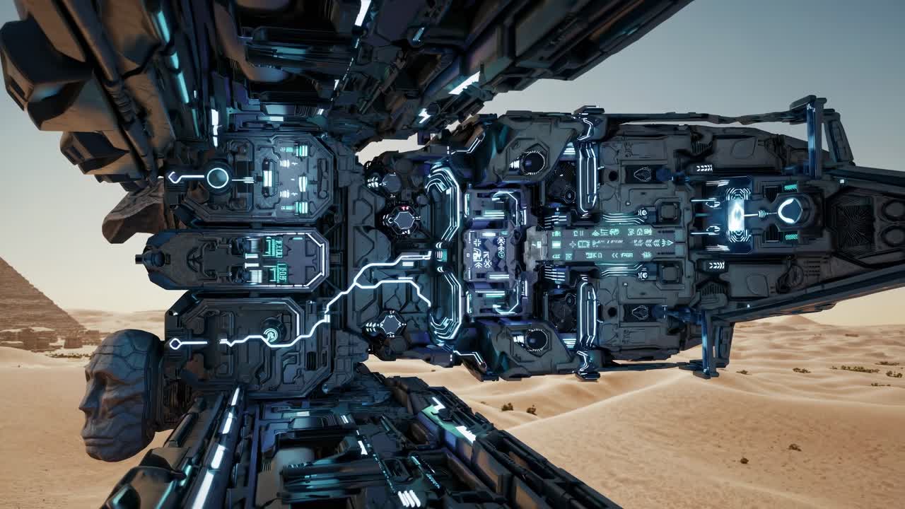 Futuristic Spaceship Over Ancient Pyramid