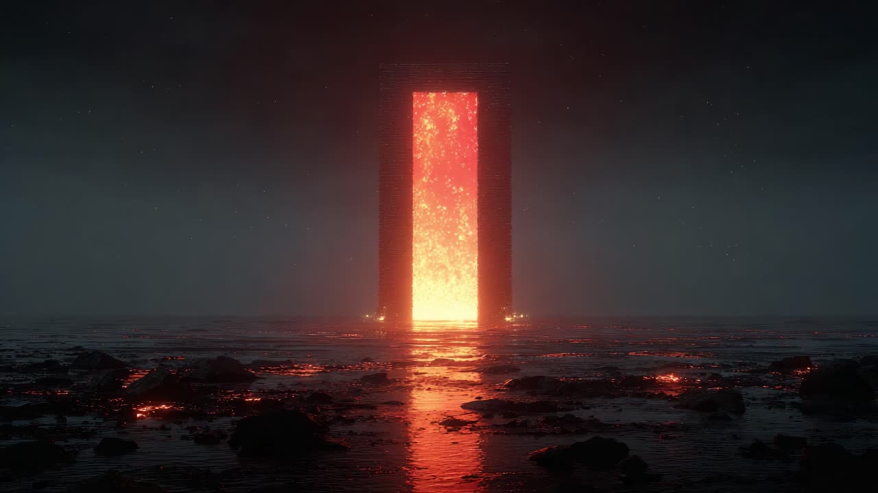 A Mystical Portal of Fiery Lava Emerging from an Otherworldly Landscape, Framed by Dark Clouds and Reflective Waters, Invites Exploration Beyond Reality