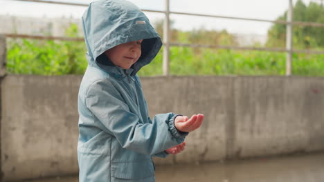 a little boy smiles and catches raindrops in his hands