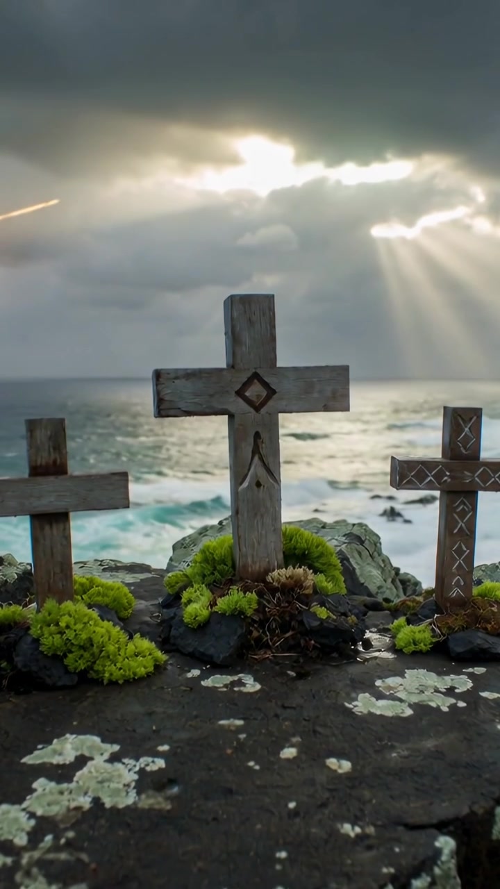 Video verticale: Inquadratura di tre croci di legno che segnano un memoriale sulla costa, con una scia luminosa che attraversa il mare.