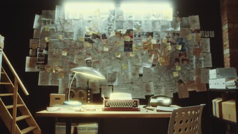 crime investigation board in detective office at night