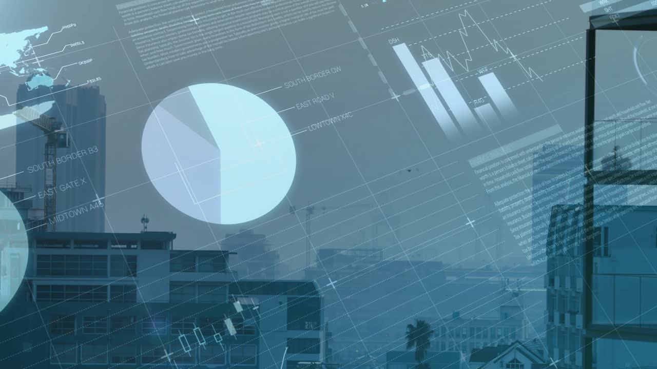 Numeric stock table materializing over skyline, gauges dropping, bars counting, graphs animating