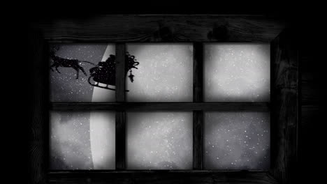 animation of santa claus in sleigh with reindeer seen through window