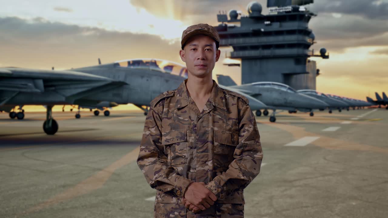 Military Personnel on Aircraft Carrier Deck at Sunset
