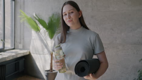 mujer con alfombra de yoga y botella de agua