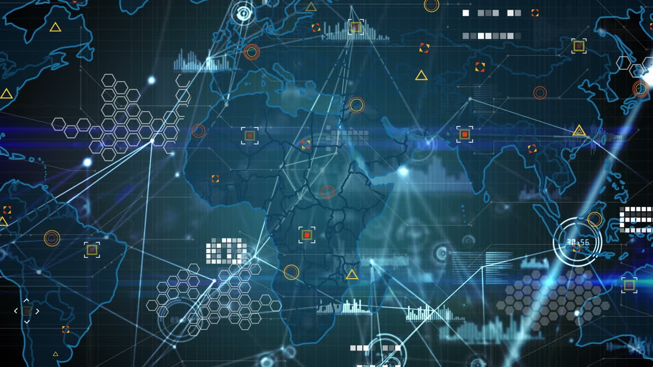 red de conexiones y procesamiento de datos sobre el mapa del mundo contra un fondo azul