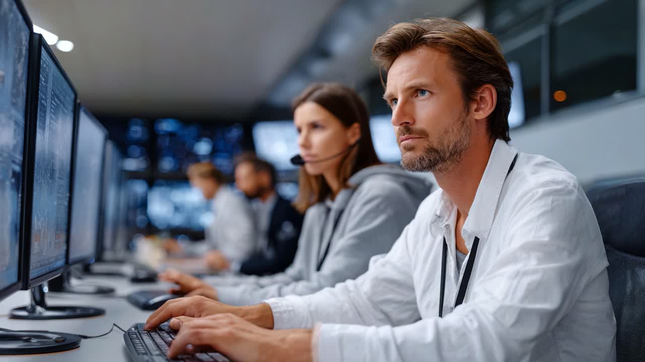 Focused Team Members Analyzing Data in Modern Control Room with Multiple Monitors Showing Complex Information and Notifications for Efficient Decision-Making