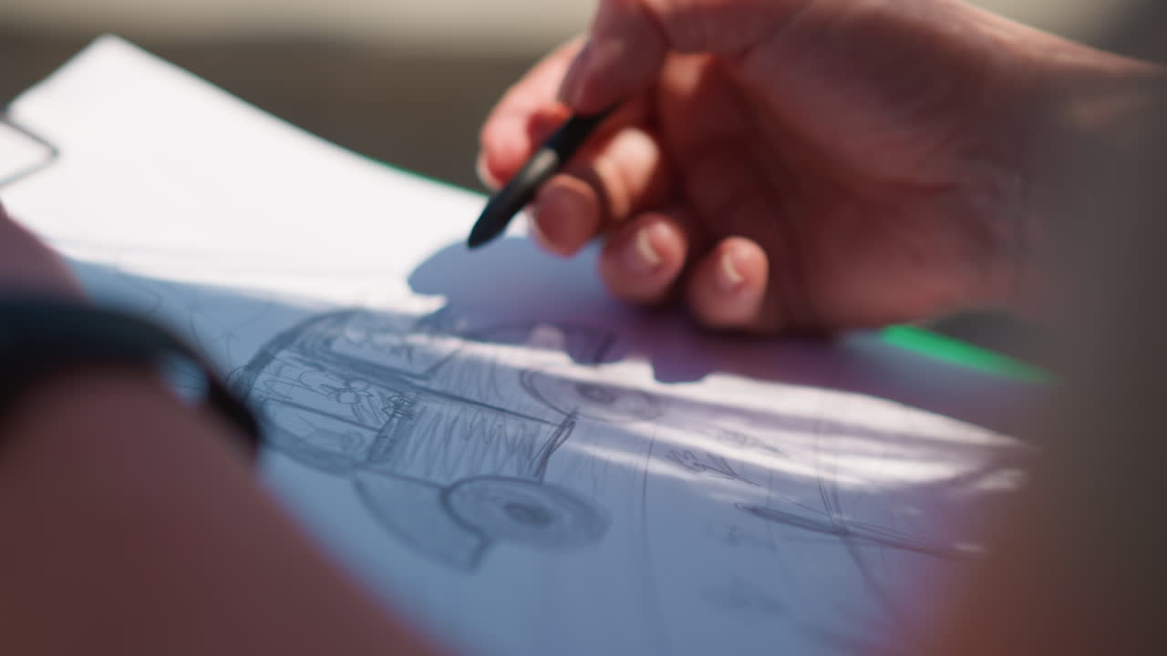 Close up of artist hand sketching car illustration with pencil on white paper under warm sunlight, focusing on smooth lines, creative process, and natural shadow play highlighting artistic expression