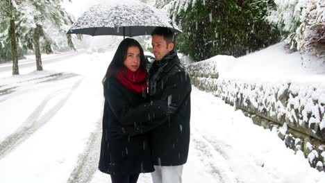 couple interacting with each other under umbrella