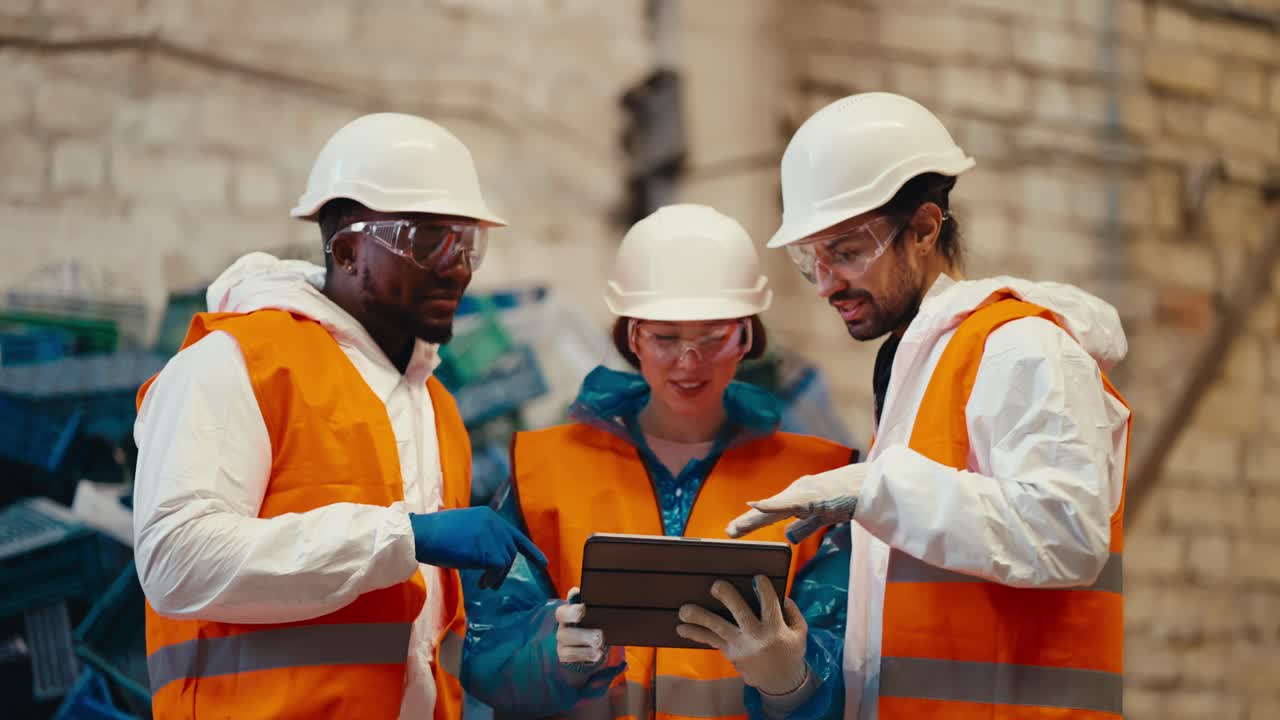 trio of happy successful workers in white uniform and orange vest reviewing their plans on a tablet in a large hall. A man with Black skin a brunette girl and a guy with a beard are talking and standing in a brick hall near a large pile of plastic at a waste recycling plant