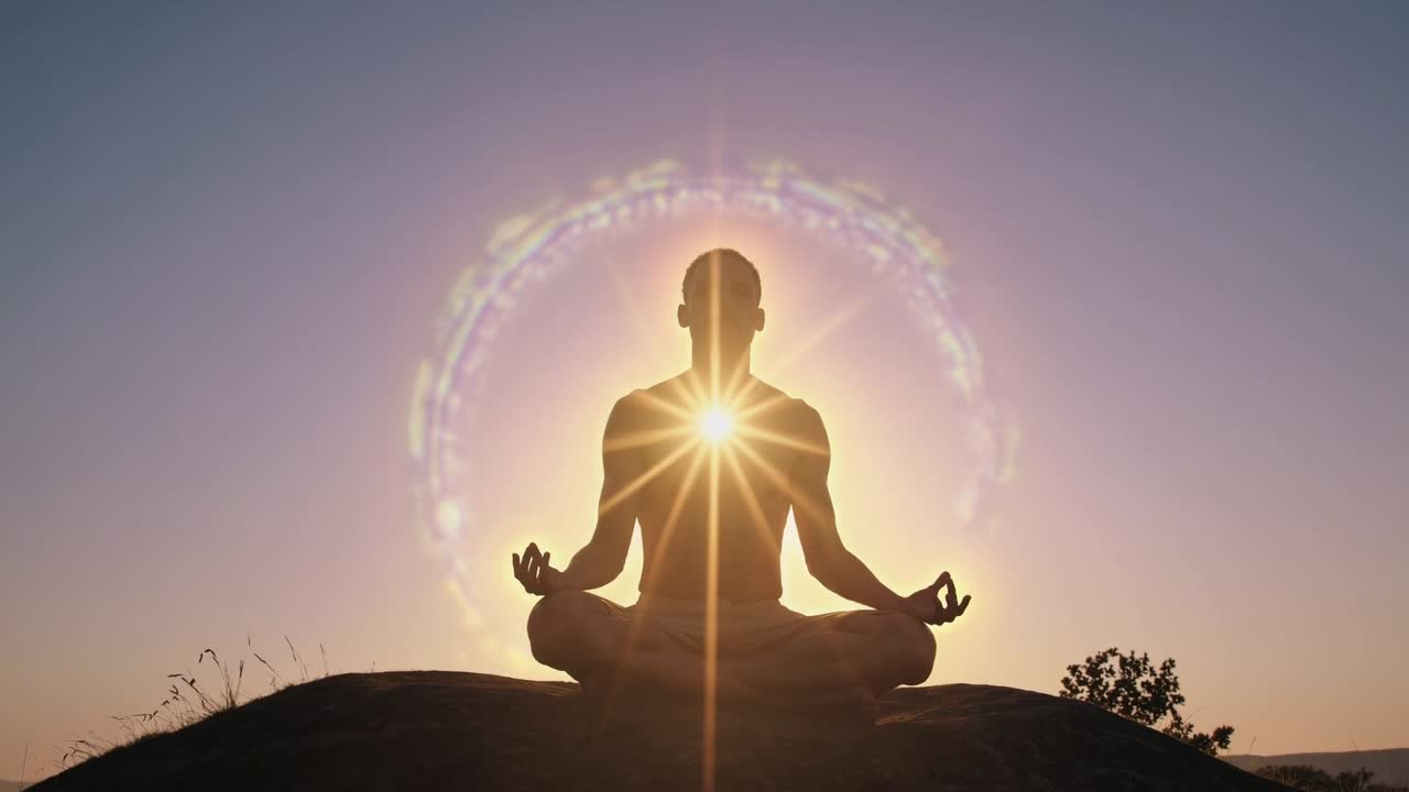 Male figure in meditation on a rock, surrounded by soft morning light, radiating calmness and serenity, capturing the essence of mindfulness and connection with nature