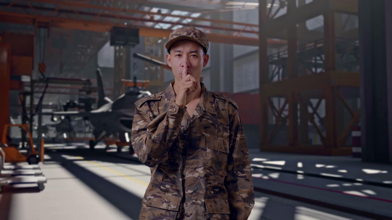 Soldat in Tarnuniform, der im Hangar um Stille bittet