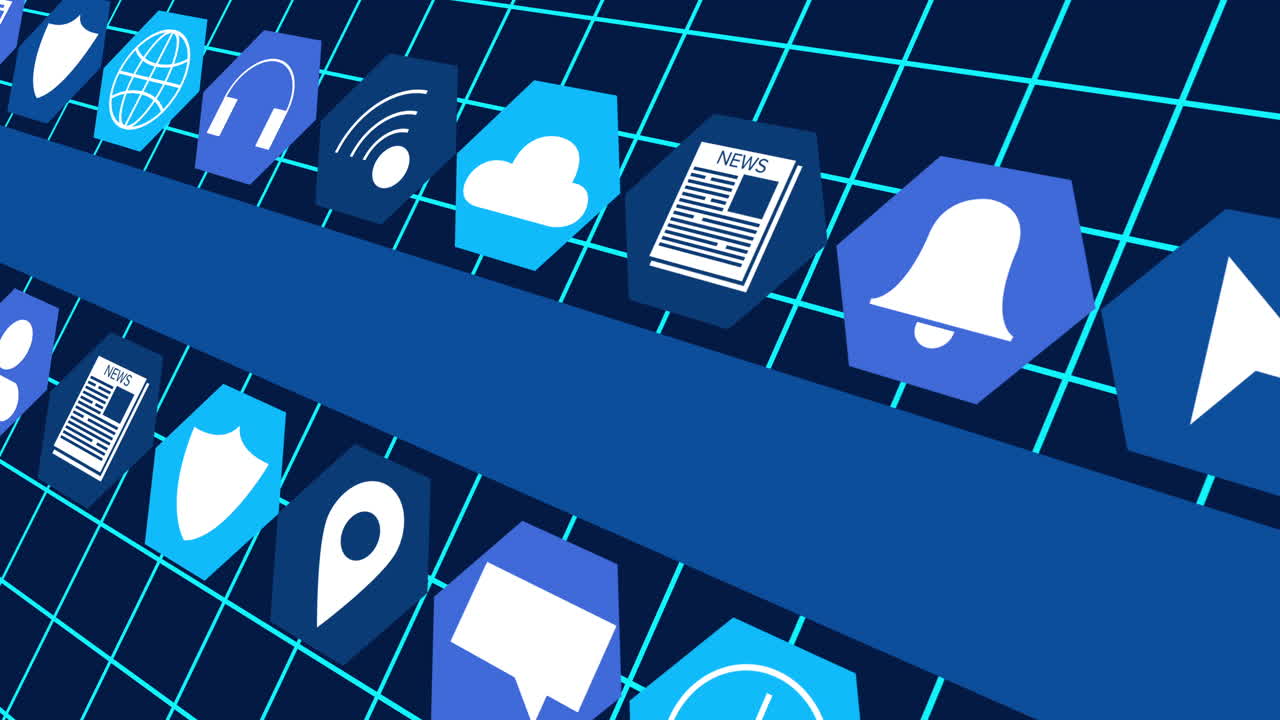 animación de iconos digitales en línea y rayas azules que se mueven sobre la cuadrícula sobre un fondo azul oscuro