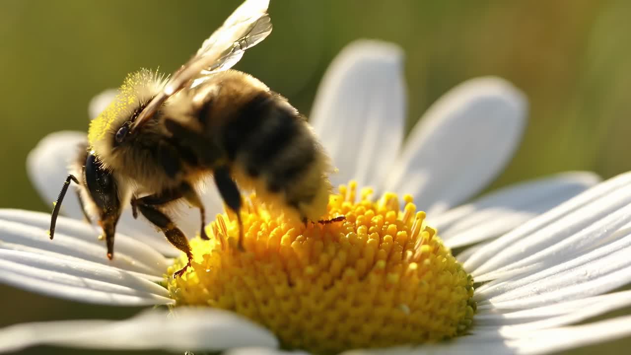 Close-up video of a bee on a daisy, capturing nature's detail from a low angle