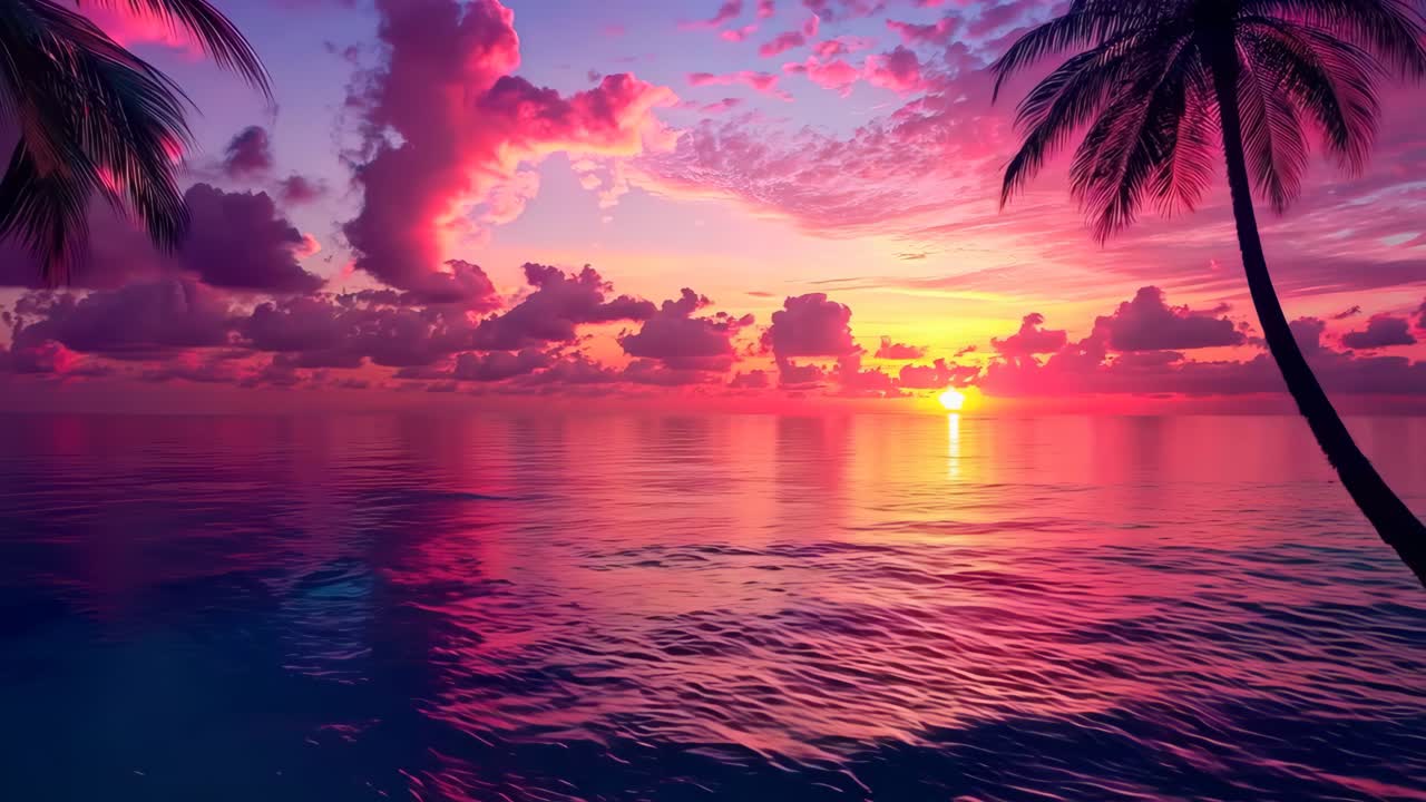 una puesta de sol sobre el océano con palmeras en primer plano