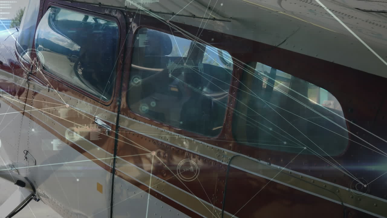 red de conexiones y procesamiento de datos frente a una vista de cerca de aeronaves privadas